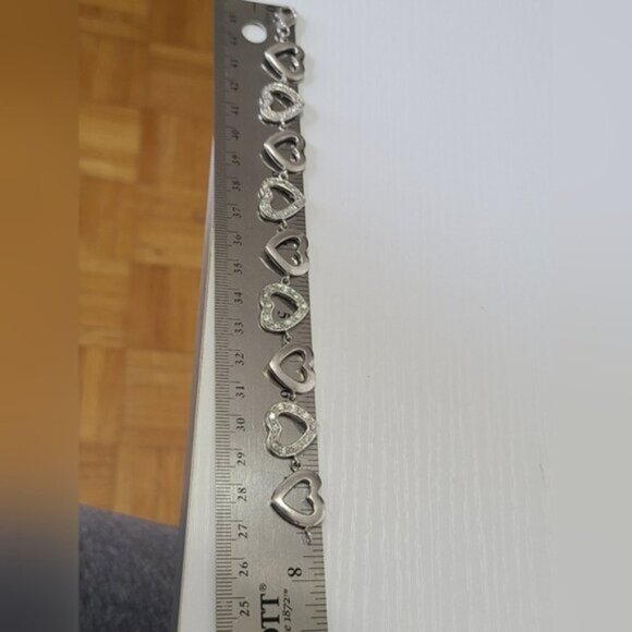 Vintage Sterling Silver Chain Link Crystal Rhinestone Heart Bracelet - Picture 6 of 12